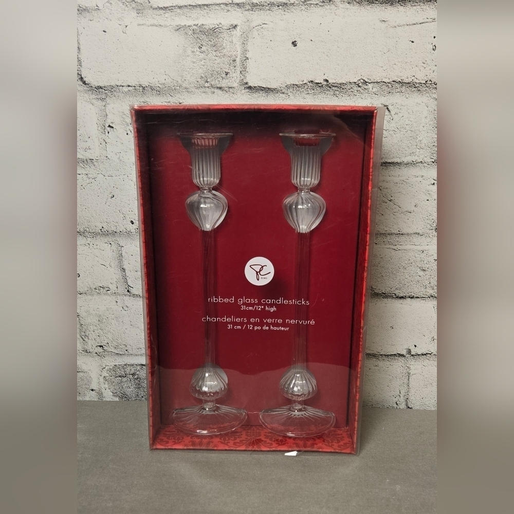 PC Y2K Ribbed Glass Candlesticks Set 12 Inch Clear Retro Table Decor - Picture 2 of 8